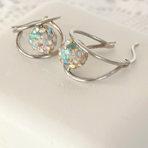 925 Floating Crystal Double Hoop Earrings Sterling Silver Drop Post Earrings - Picture 3 of 14